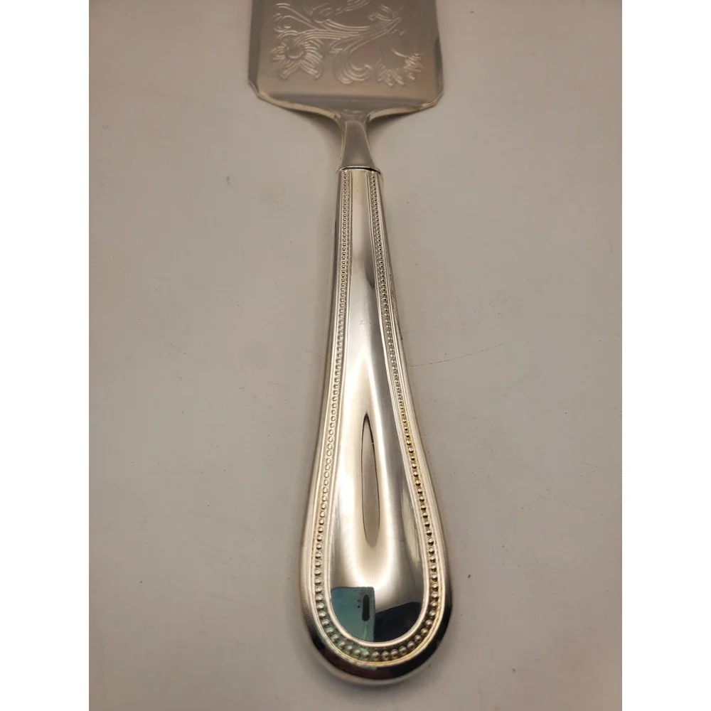 Vintage Silverplated Ornate Floral Lasagna Cake Server Spatula Beaded Handle